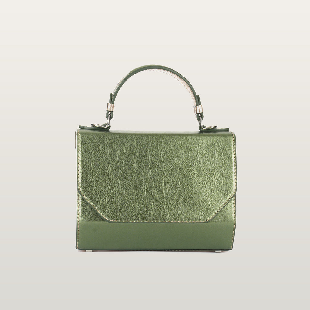 Front view of Fjord Mavka structured bag in Italian metallic green leather