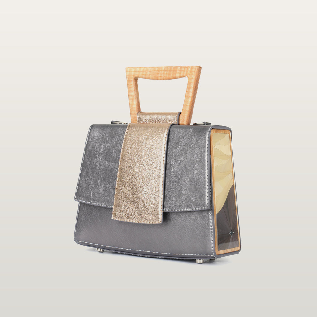 Sandy Povitrulia leather handbag with solid ash wood and golden straw marquetry by BLACKWOOD x RUDA Studio