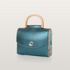 Aurora Vodianytsia teal blue leather handbag with solid ash wood and straw marquetry by BLACKWOOD x RUDA Studio