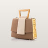 Brown handbag with beige strap and wooden handle 
