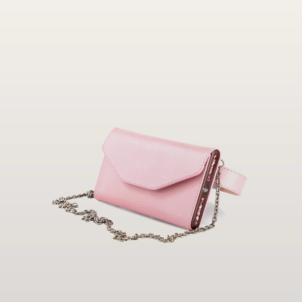 BLACKWOOD Essence Shiny Rose pink leather phone bag with chain strap, front view