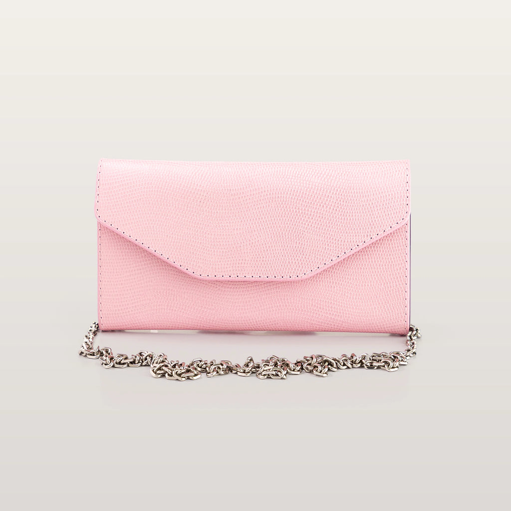 Front view of BLACKWOOD Essence Shiny Rose pink leather phone bag with flap closure