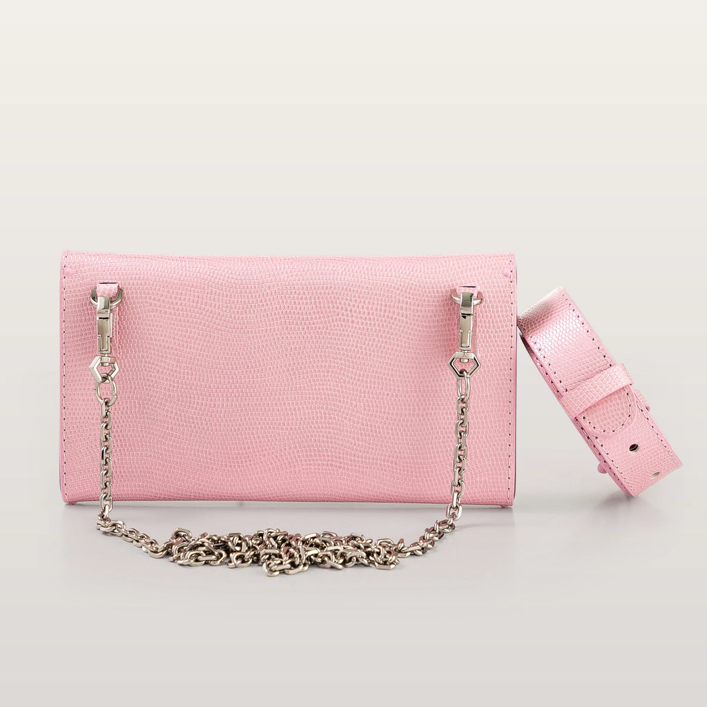 Back view of BLACKWOOD Essence Shiny Rose pink leather phone bag with detachable strap