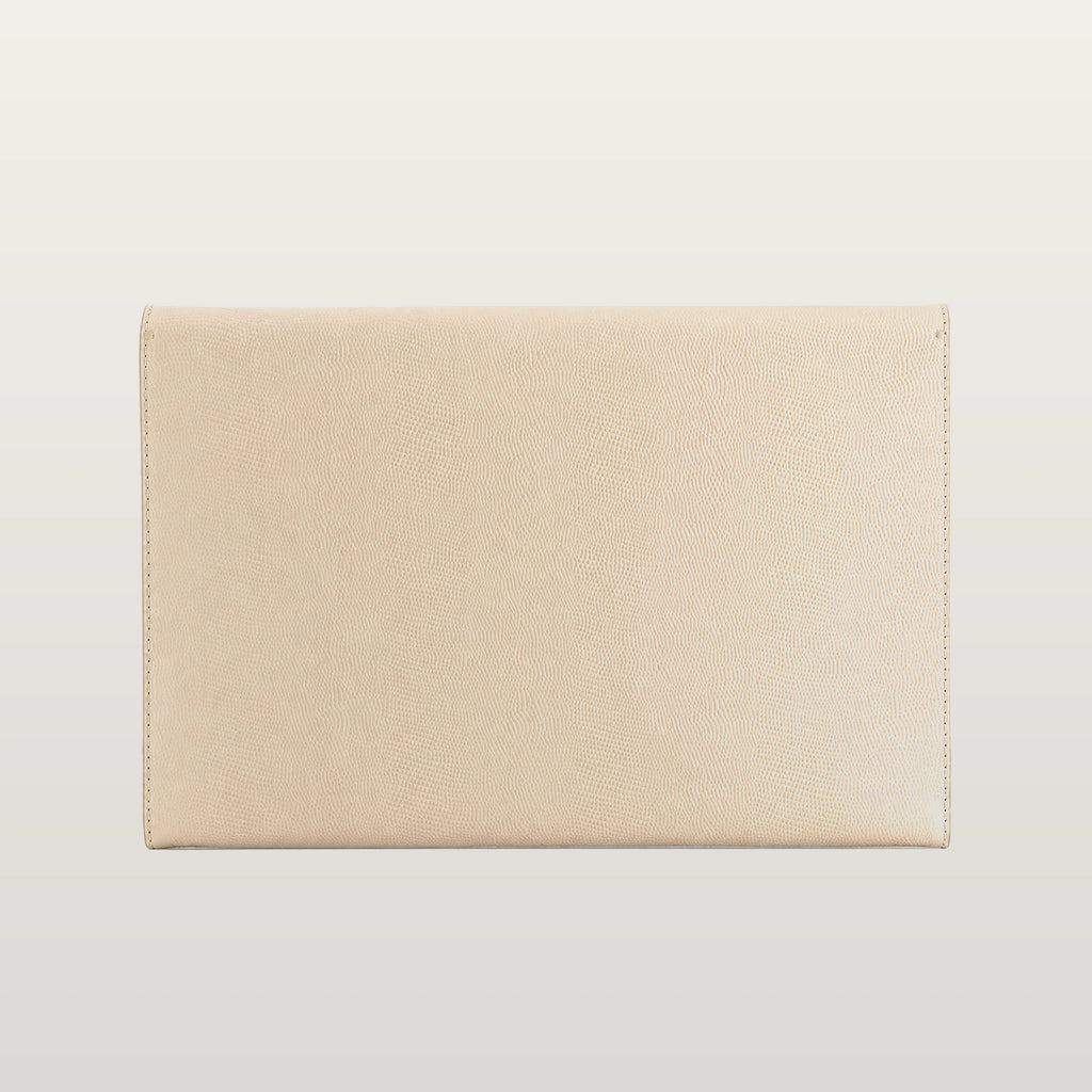 Beige Saffiano leather MacBook case detail with refined saffiano texture