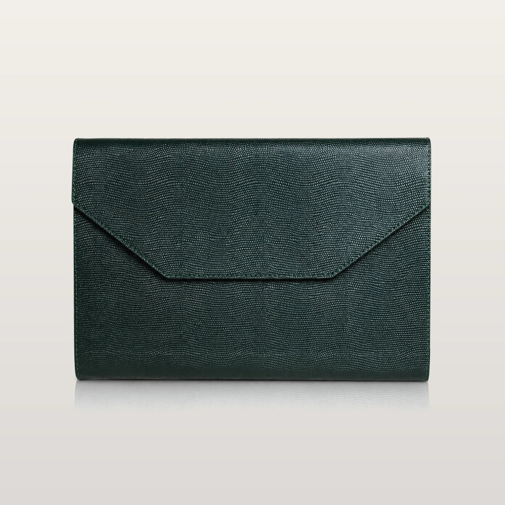 Green Saffiano leather MacBook case detail with refined saffiano texture
